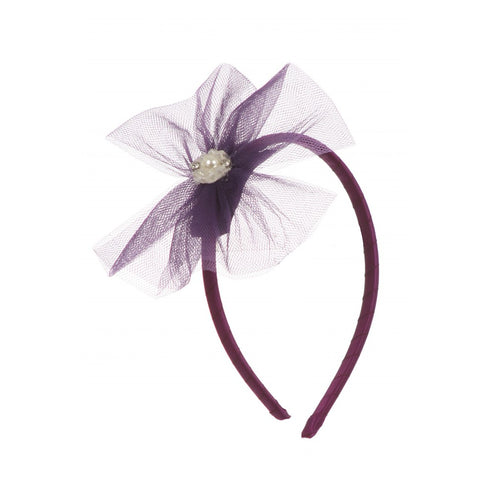 Kids Dream Girls Eggplant Tulle Pearls Bow Headband - SophiasStyle.com